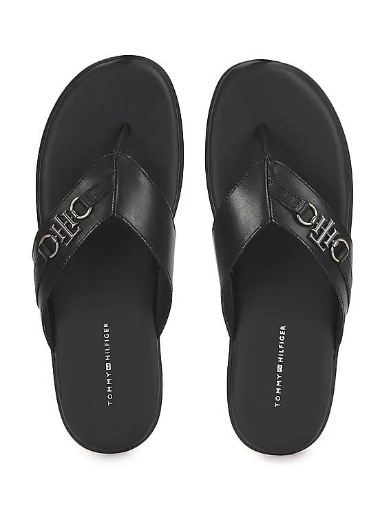 Tommy Hilfiger Men Black V-Strap Cushioned Footbed Leather Sandals