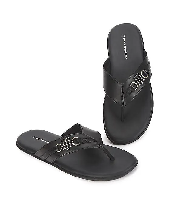 Tommy Hilfiger Men Black V-Strap Cushioned Footbed Leather Sandals