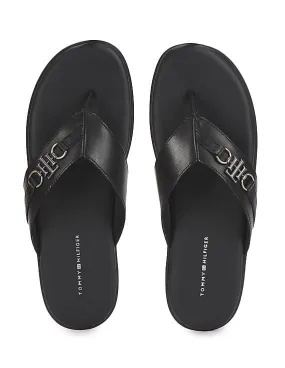 Tommy Hilfiger Men Black V-Strap Cushioned Footbed Leather Sandals