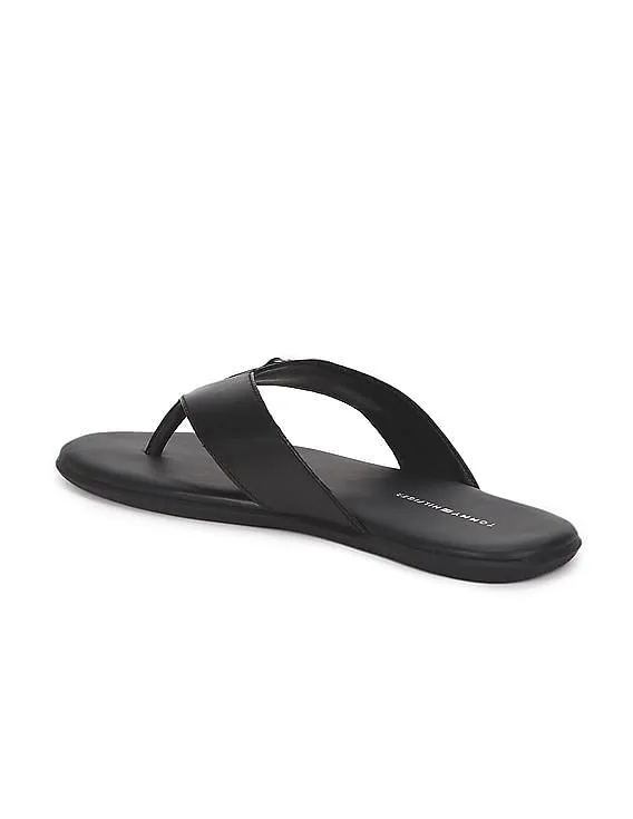 Tommy Hilfiger Men Black V-Strap Cushioned Footbed Leather Sandals