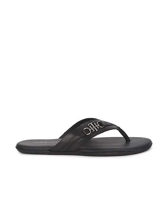 Tommy Hilfiger Men Black V-Strap Cushioned Footbed Leather Sandals