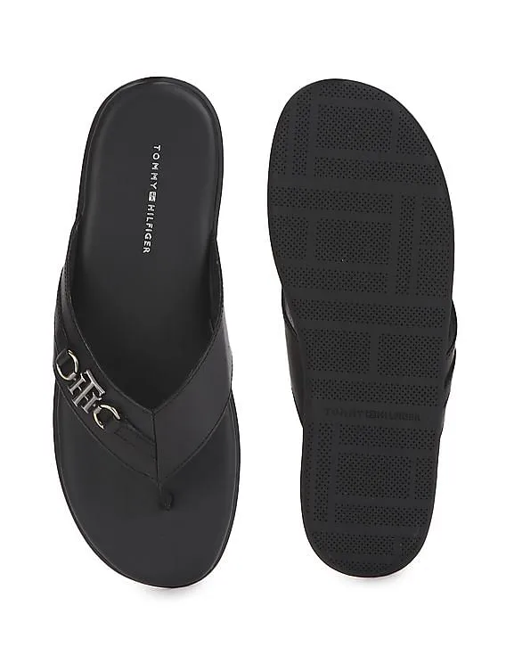 Tommy Hilfiger Men Black V-Strap Cushioned Footbed Leather Sandals