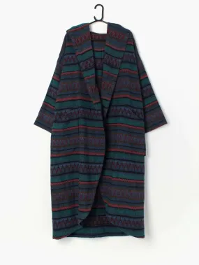 Vintage hooded tapestry blanket coat in navy and red – One size