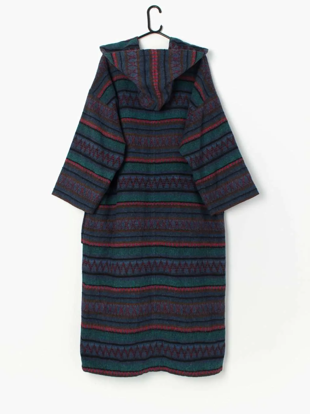 Vintage hooded tapestry blanket coat in navy and red – One size