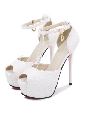 White Peep Toe Shoes Metal Details Elegant Ankle Strap Summer Sexy Platform Heels