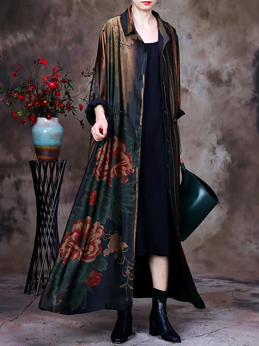 Women Vintage Print Loose Long Coat