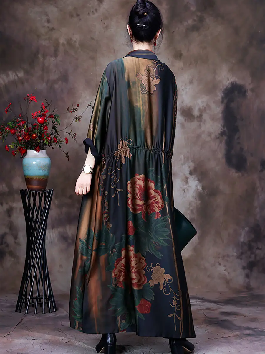 Women Vintage Print Loose Long Coat