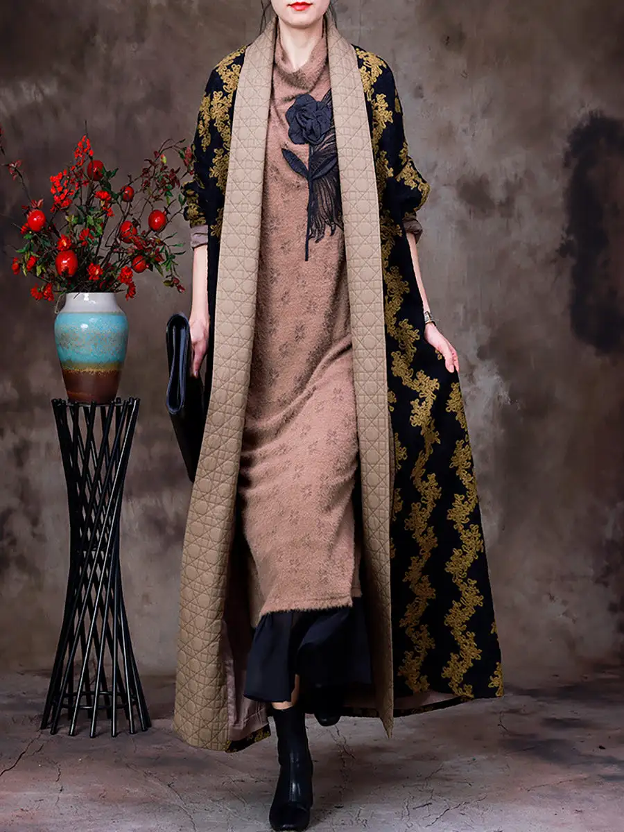 Women Winter Jacquard Long Over Knee Trench Coat