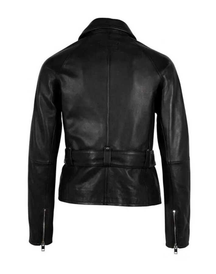 Women's black biker style leather jacket 3101-0015