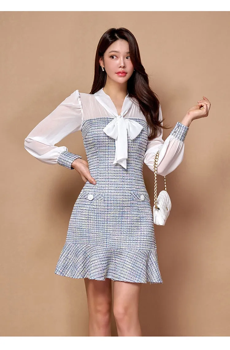 Women's Casual V-Neck Patchwork Lace-up Bow Slim Fit Vintage Dress