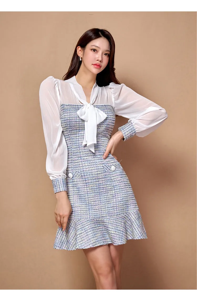 Women's Casual V-Neck Patchwork Lace-up Bow Slim Fit Vintage Dress