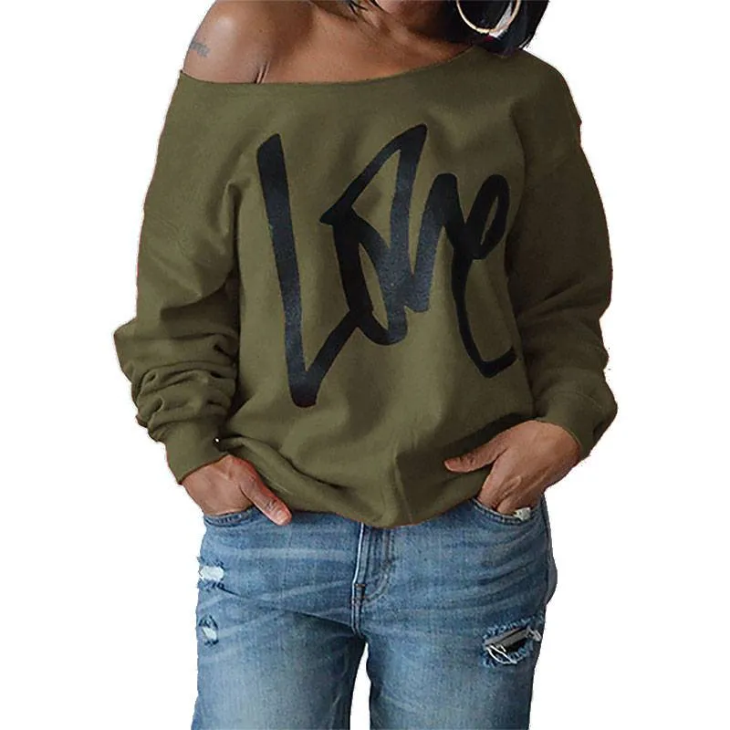 Women's Letter Love Print Sexy Off Shoulder Long Sleeve Tops